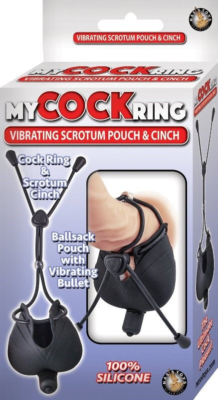 Vibrating Scrotum Pouch with Cinch - - Stretchy Cock Rings