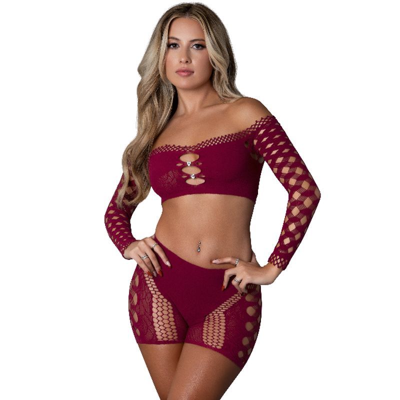 Exposed Lingerie Stella Womens Crop Top And Short Set OS - Burgundy - G-Strings, Panties and Shorts