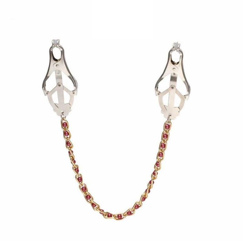 Cripple Nipple Clover Clamps Pearls & Chain - - Nipple and Clit Clamps