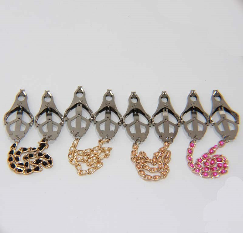 Cripple Nipple Clover Clamps Pearls & Chain - - Nipple and Clit Clamps