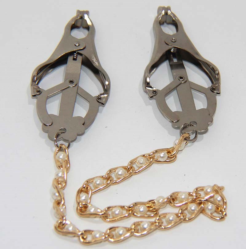 Cripple Nipple Clover Clamps Pearls & Chain - - Nipple and Clit Clamps