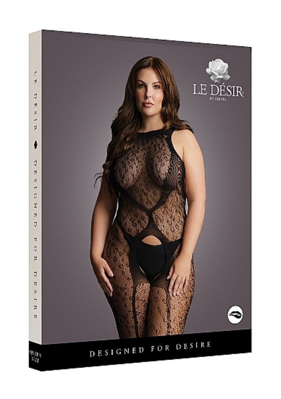 Crotchless Leopard Bodystocking Black Queen Size - - Body Stockings