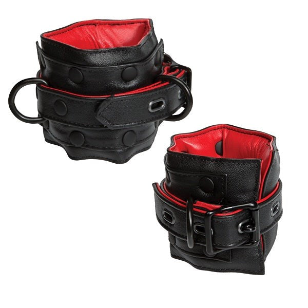 Kink Leather Submissive Accessories Ankle Restraint Black/Red - - Collars And Cuffs