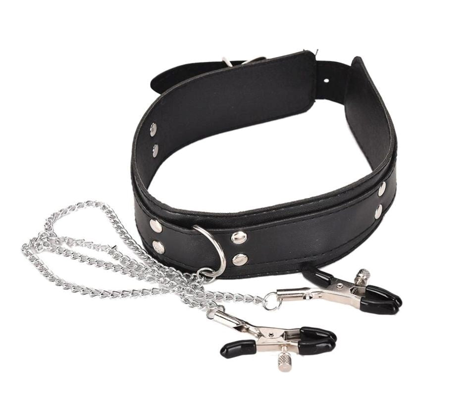 KinkyKandi Bondage Collar Black with Nipple Clamps - - Collars and Leads
