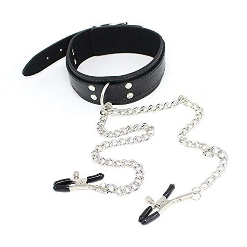 KinkyKandi Bondage Collar Black with Nipple Clamps - - Collars and Leads