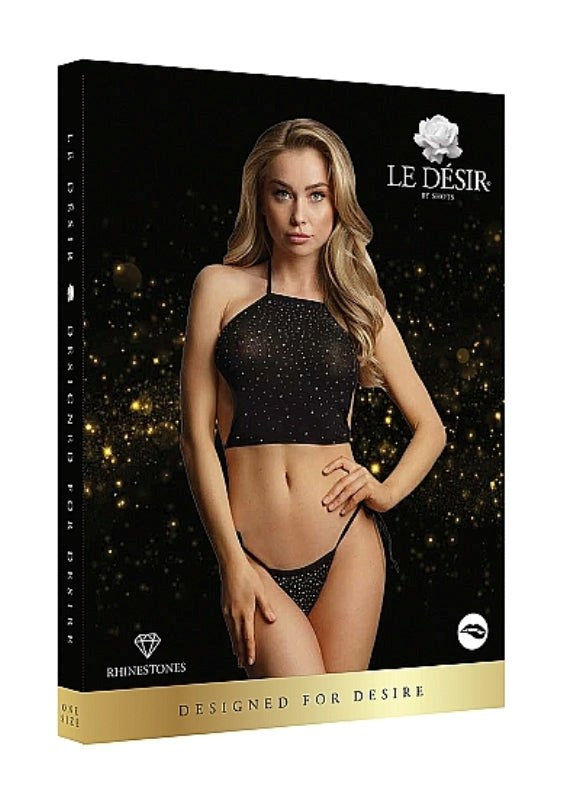 Le Desir Festive Rhinestone Top and Thong OS -Black - - Bras and Bra Sets