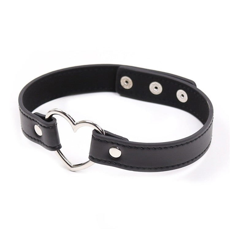 Leather Collar With Metal Heart - - Collars And Cuffs