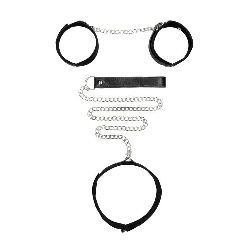 OUCH! BW Velcro Collar With Leash And Hand Cuffs - - Collars And Cuffs