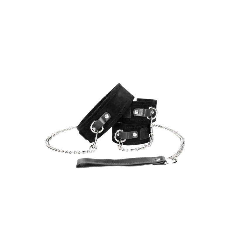 OUCH! BW Velcro Collar With Leash And Hand Cuffs - - Collars And Cuffs