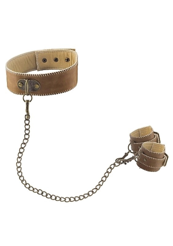 Ouch! Collar With Handcuffs Brown - - Collars And Cuffs