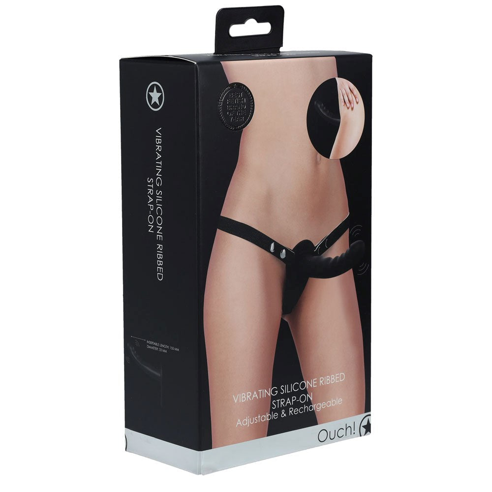 OUCH! Vibrating Silicone Ribbed Strap-On - - Strap On Sextoys