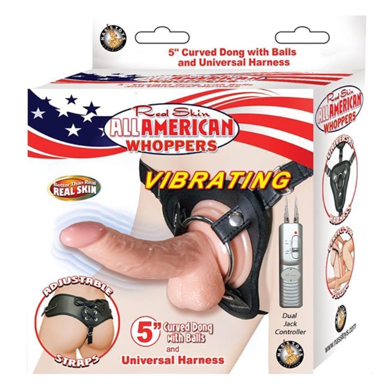 Whoppers Vibrating 5 Curved Dong with Balls and Harness - - Strap On Sextoys