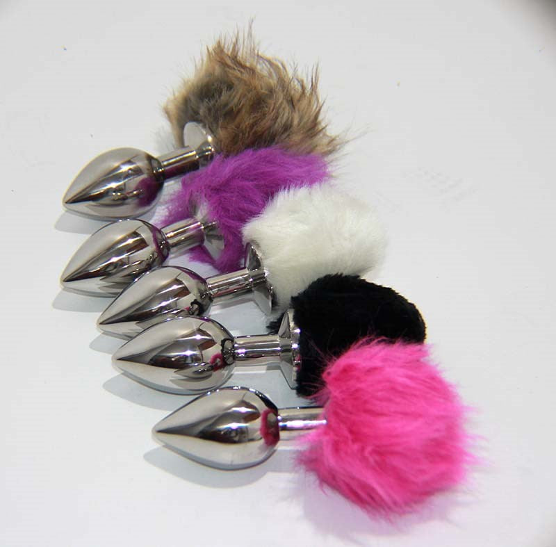 Crazy Faux Rabbit Tail Large Metal Silver Butt Plug - Remote Control Vibrators