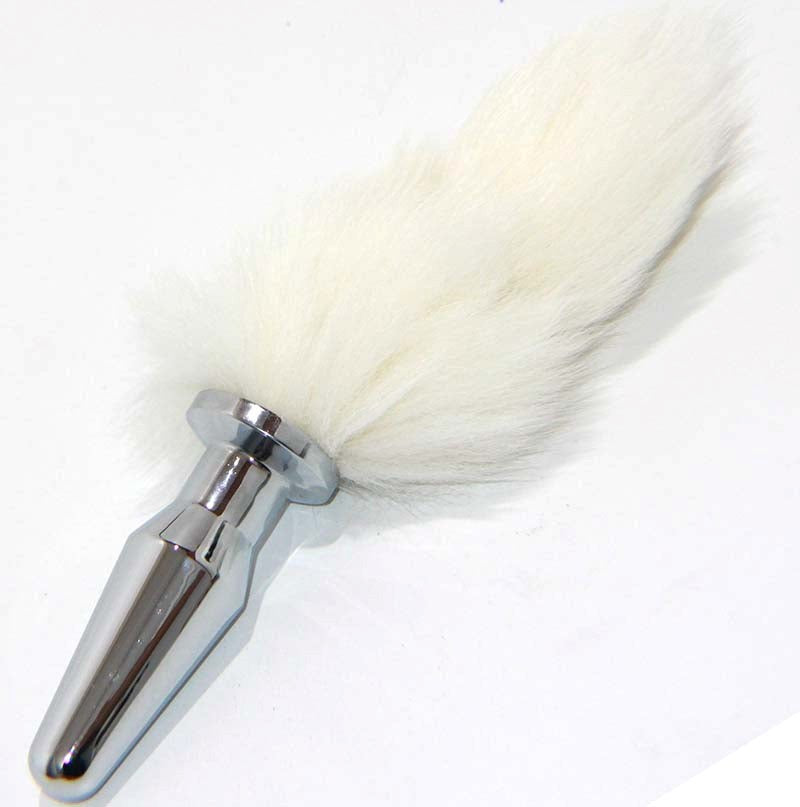 White Kitten Tail Silver Long Butt Plug - - Rabbit Vibrators