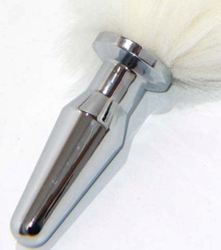 White Kitten Tail Silver Long Butt Plug - - Rabbit Vibrators
