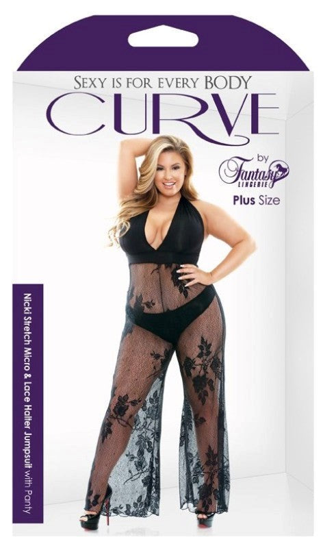 Curve Nicki Stretch Lace Halter Jumpsuit - - Bras and Bra Sets