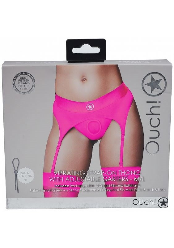 Ouch! Vibrating Strap-on Thong with Adjustable Garters - Pink - - Strap On Sextoys