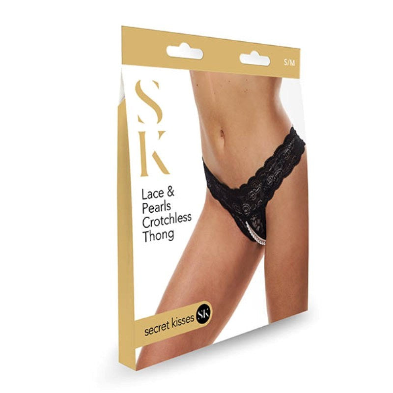 Secret Kisses Lace & Pearls Crotchless Thong Black - - G-Strings, Panties and Shorts