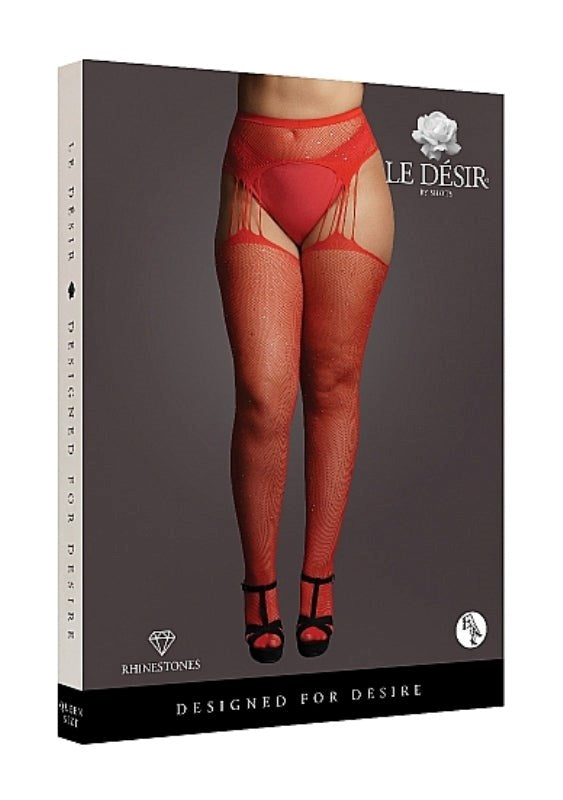 Suspender Rhinestone Pantyhose - Red - - Hosiery