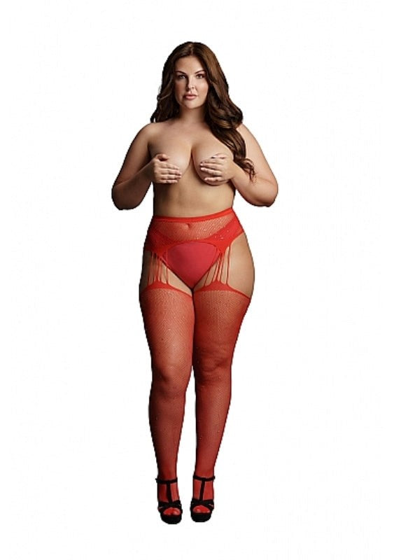 Suspender Rhinestone Pantyhose - Red - - Hosiery