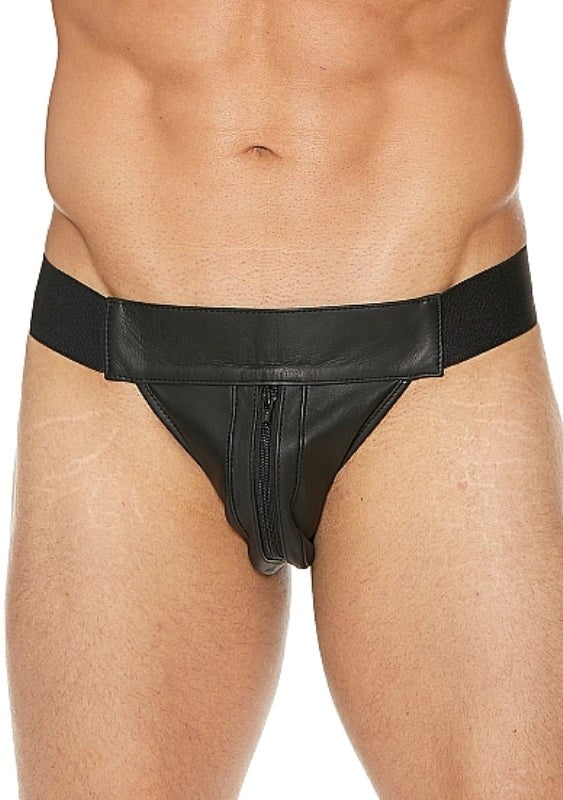Uomo Striped Front With Zip Leather Jock Black - - His Fetish