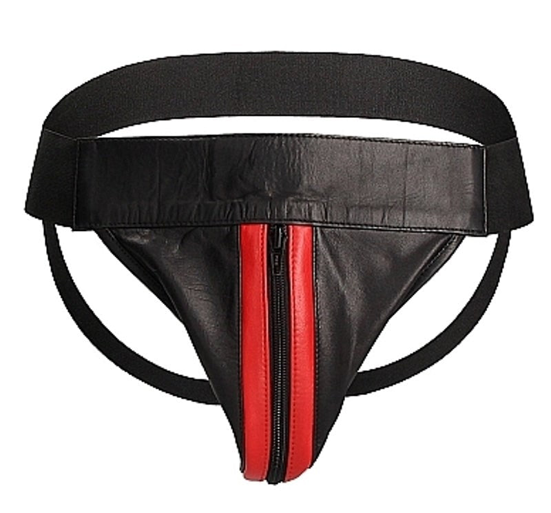 Uomo Striped Front With Zip Leather Jock Black/Red - - His Fetish
