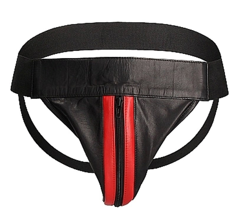 Uomo Striped Front With Zip Leather Jock Black/Red - - His Fetish