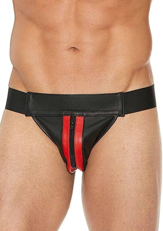 Uomo Striped Front With Zip Leather Jock Black/Red - - His Fetish