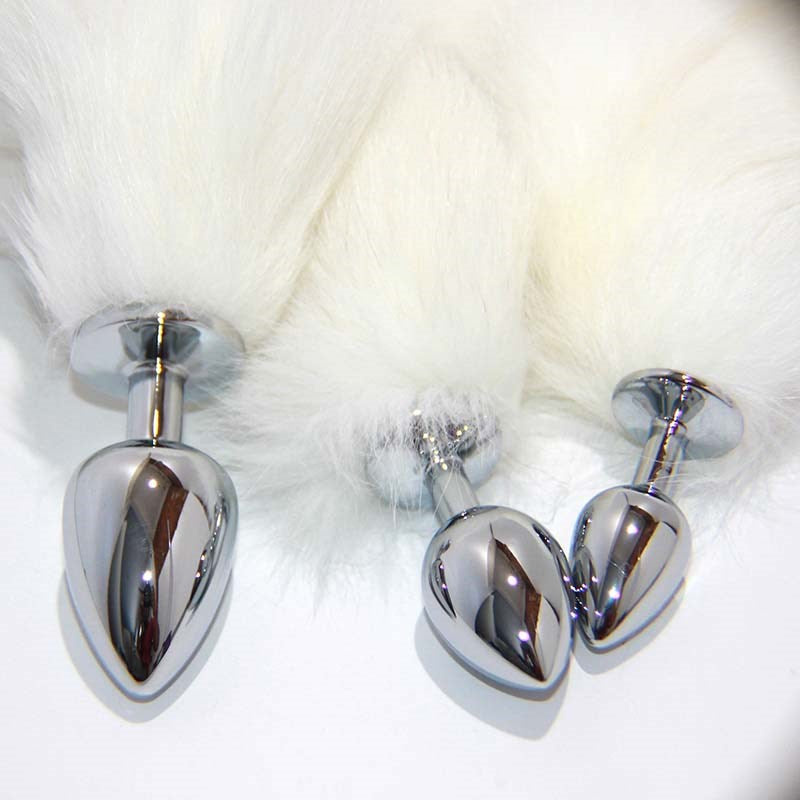White Faux Fox Tail Smooth Silver Butt Plug - - Steel Sex Toys