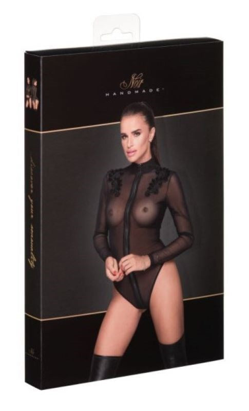 Zipped Tulle Bodysuit w Embroidery Fetish Lingerie - - Her Fetish