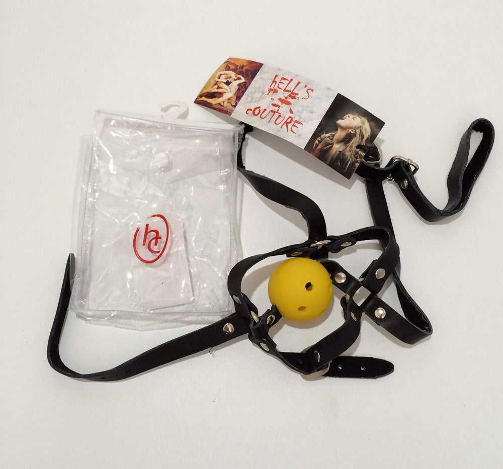 Dungeonnet Bondage Gag With Yellow Ball - Bondage Gags and Bits