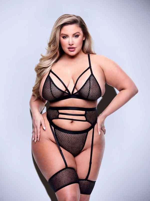 Baci 3 Piece Strappy Bra Garter & Panty Set Queen Black - - Bras and Bra Sets