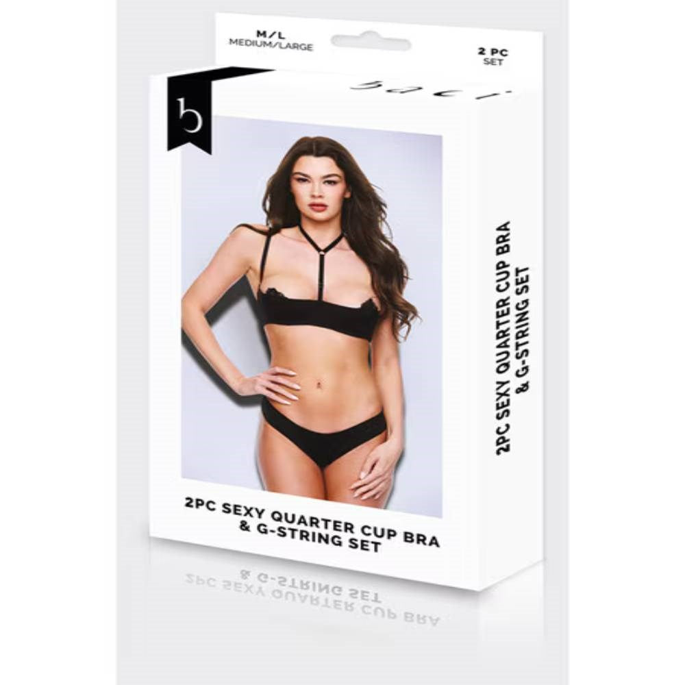 Baci 2 piece Sexy Quarter Cup Bra & G-String Set Black - - Bras and Bra Sets