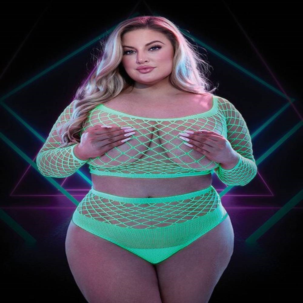 Lapdance Lingerie 2 Piece Glow In The Dark Long Sleeve Crop Top and Panty Set - G-Strings, Panties and Shorts
