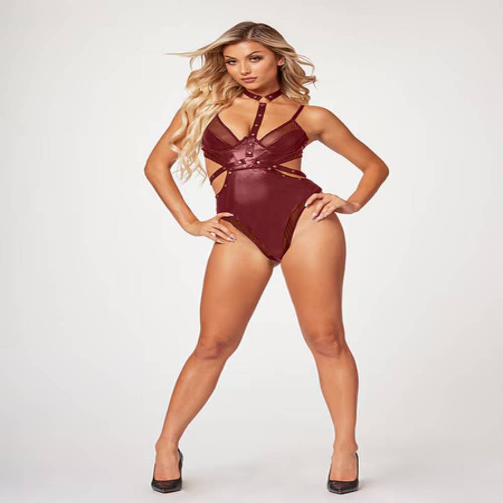 Seven Til Midnight Midnight Love Vegan Leather Two Piece Teddy Set Wine - - Teddies and Bodysuits