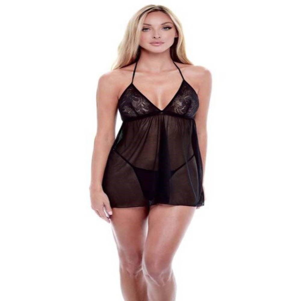 Baci Eco Lace And Mesh Chemise Black - - Babydolls and Chemises