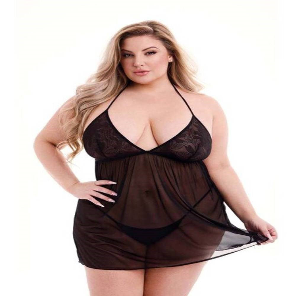 Baci Eco Lace And Mesh Chemise Black - - Babydolls and Chemises