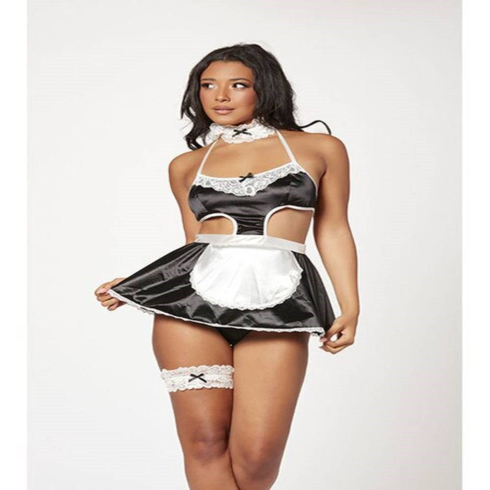Seven Til Midnight 4 Piece French Maid Costume Dress Thong Panty Lace Choker and Thigh Garter Black - - Fancy Dress Ups