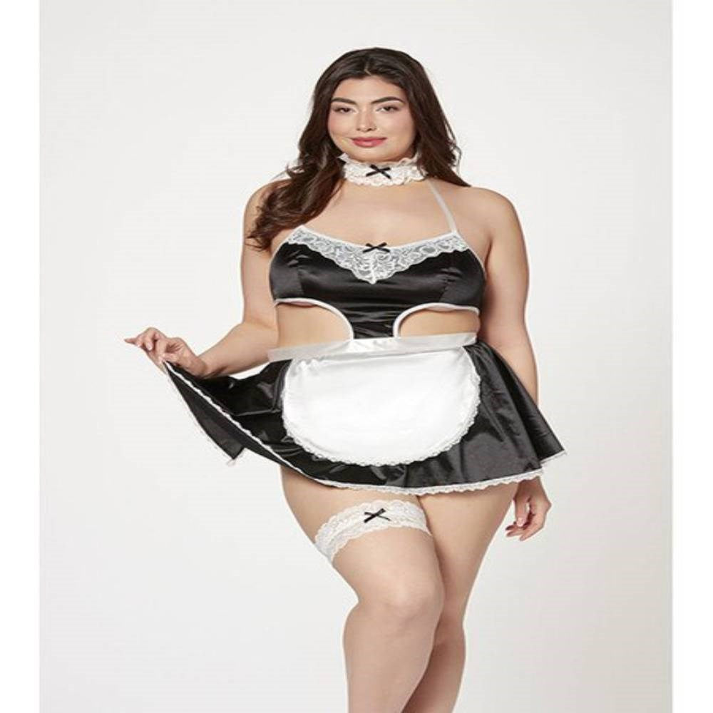 Seven Til Midnight 4 Piece French Maid Costume Dress Thong Panty Lace Choker and Thigh Garter Black - - Fancy Dress Ups
