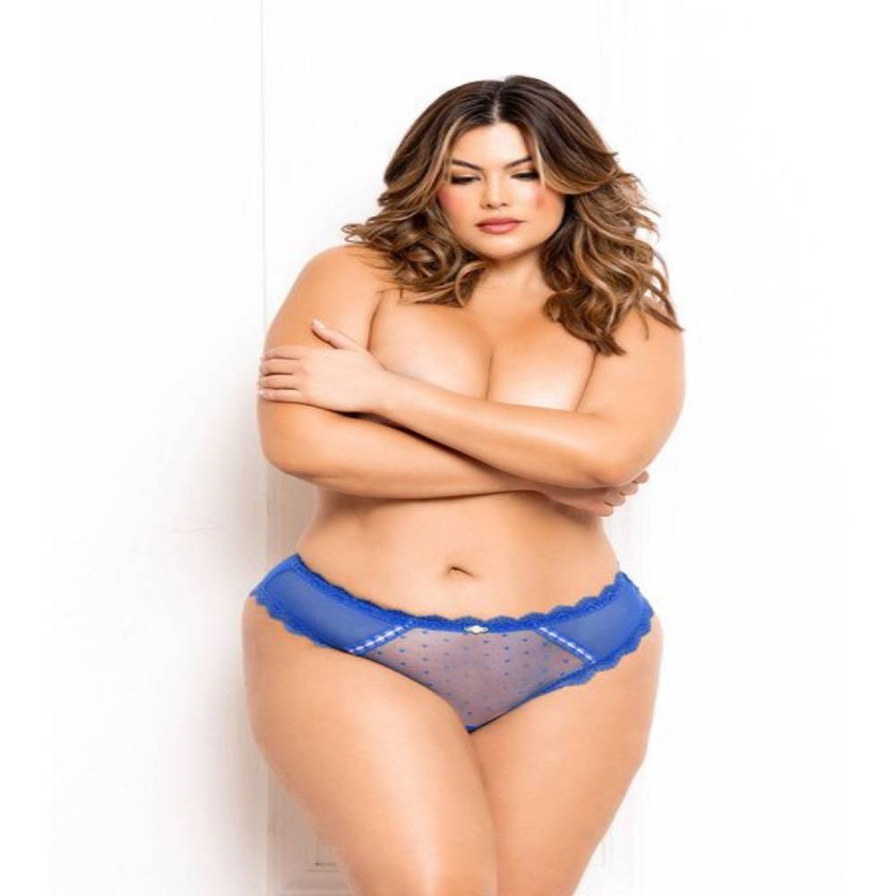 Seven Til Midnight Dot And Micro Mesh Open Crotch Panty With Lace Trim Blue - - G-Strings, Panties and Shorts