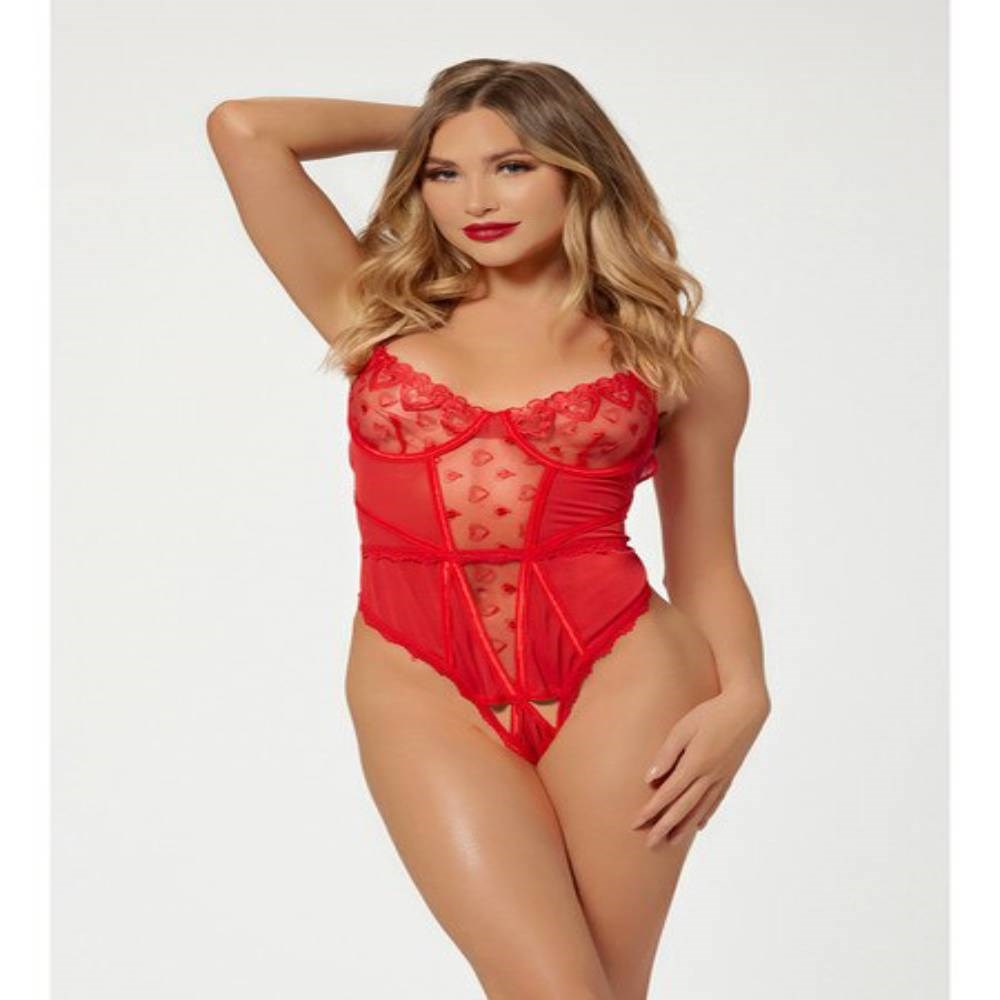 Seven Til Midnight Heart Mesh Womens Teddy Red - - Teddies and Bodysuits