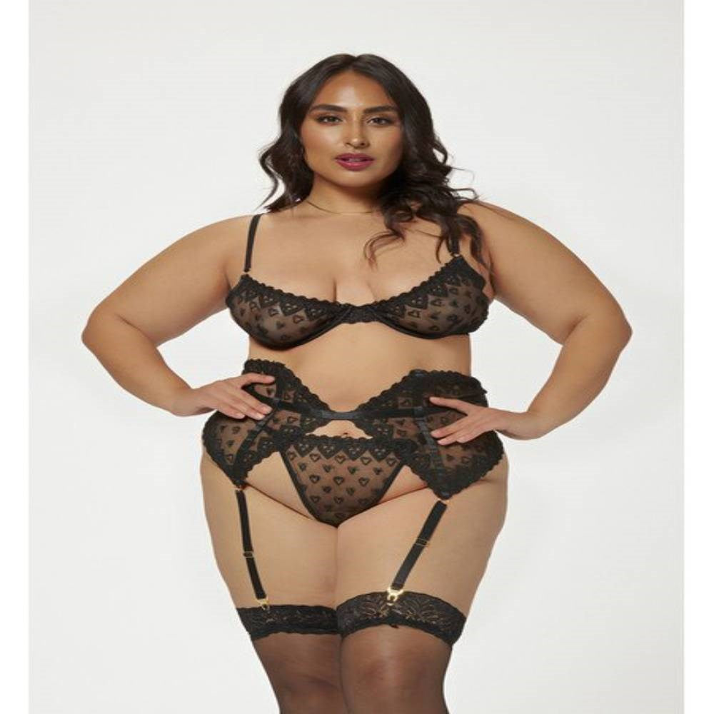 Seven Til Midnight Three Piece Bra Garter And Panty Set Black - - Bras and Bra Sets