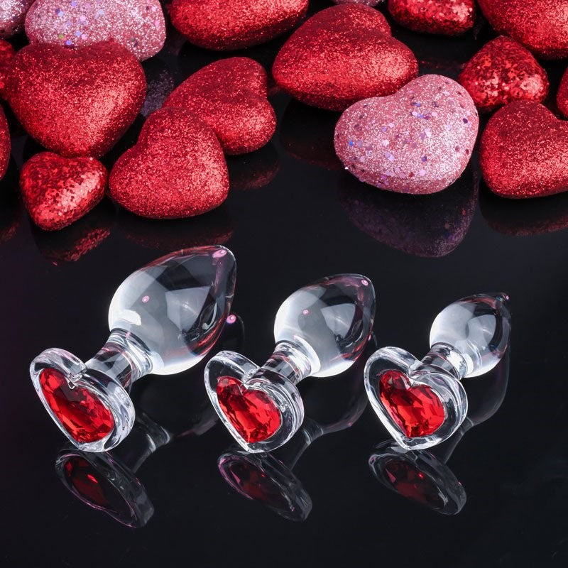 Adam and Eve Red Heart Gem Glass Butt Plug Set Clear 3 sizes - Butt Plugs
