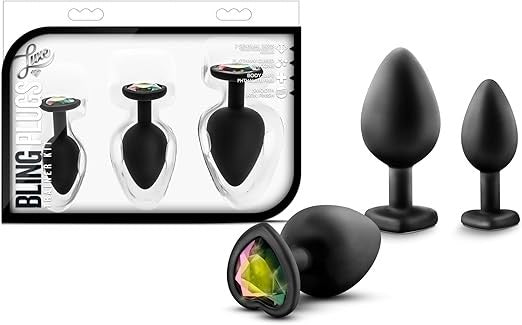 Luxe Bling Anal Plugs Training Kit Black With Rainbow Gems - - Butt Plugs