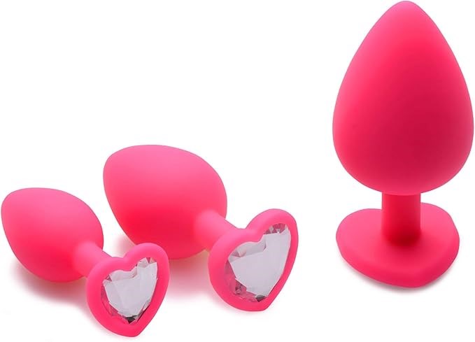 Frisky Pink Hearts Silicone Anal Plugs with Gem Accents 3 Piece - - Butt Plugs