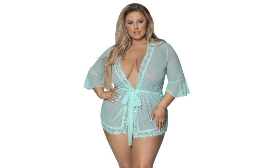 Exposed Lingerie Womens Robe with Lace Trim Turquoise - - Kimono's and Gowns