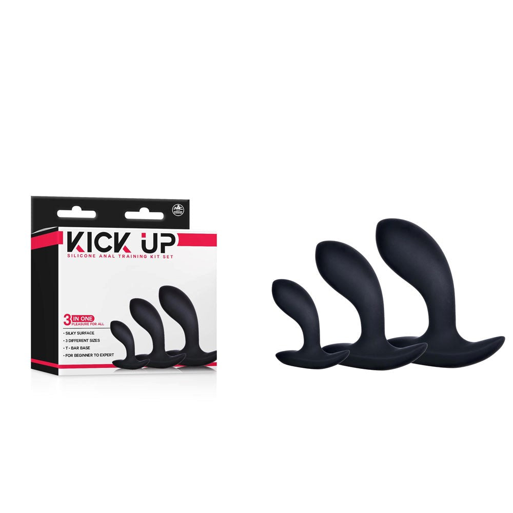 Excellent Power Kick Up Anal Trainer Butt Plugs 3 Sizes Set Black - - Butt Plugs