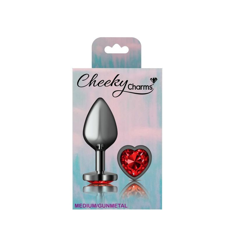 Cheeky Charms Gunmetal Anal Plug With Heart Red Jewel - - Butt Plugs