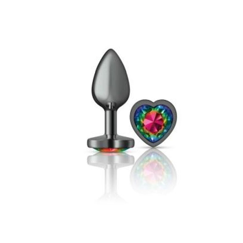 Cheeky Charms Gunmetal Butt Plug With Heart Rainbow Jewel - - Butt Plugs