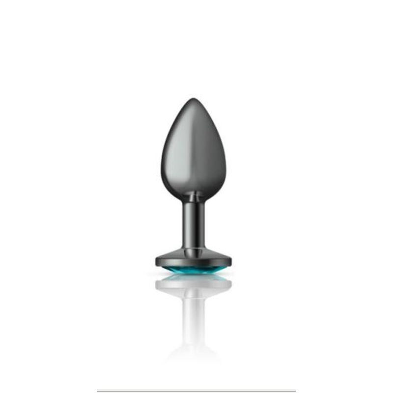 Cheeky Charms Gunmetal Round Butt Plug With Teal Jewel - - Butt Plugs